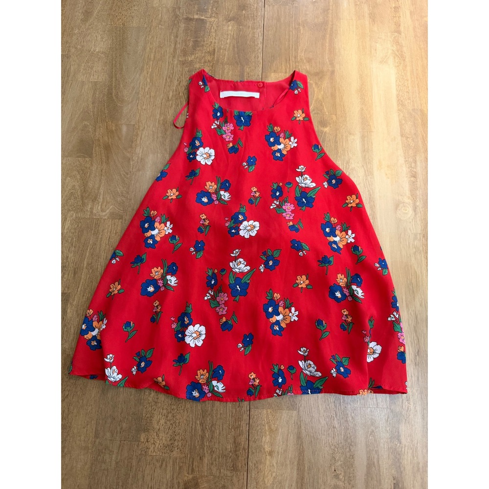 Red Floral Sleeveless Open Back Tie Waist Blouse Top